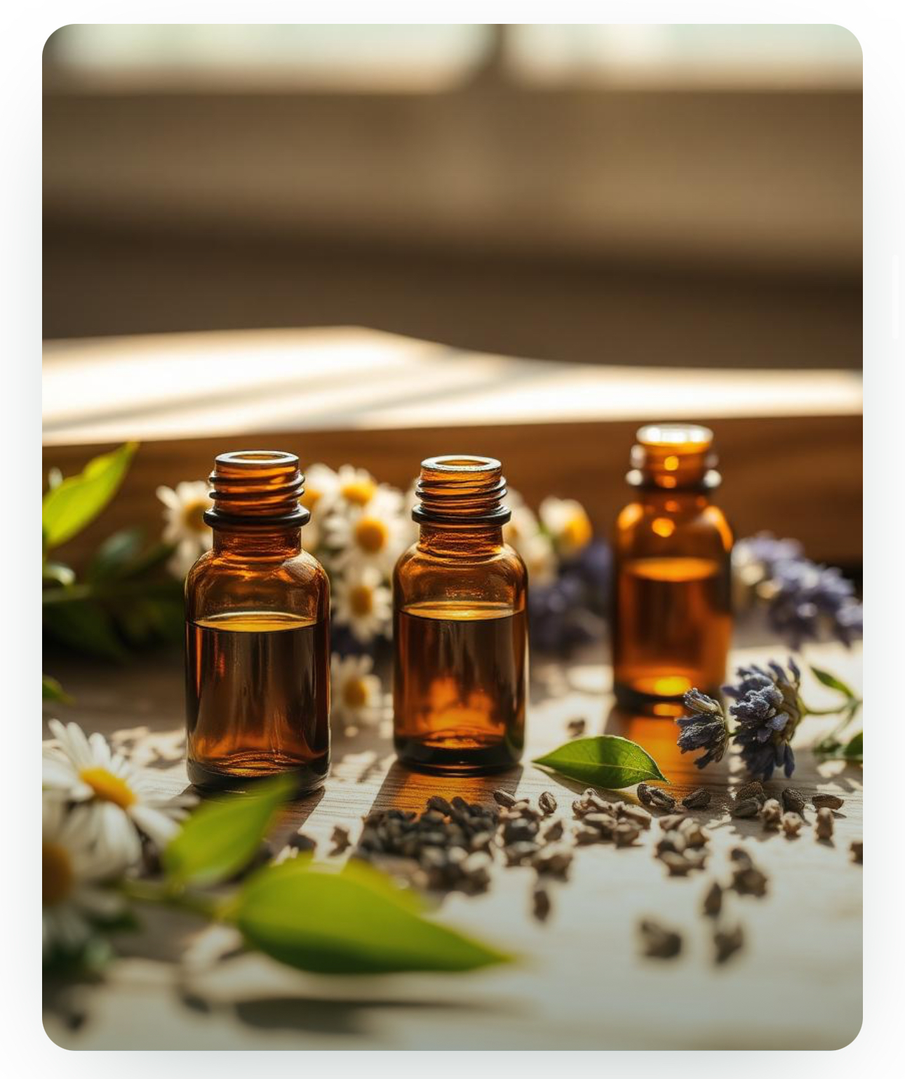 Amber homeopathic remedy bottles with chamomile and lavender on a sunlit wooden surface