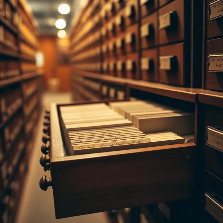 An open vintage card-catalog drawer with handwritten index cards