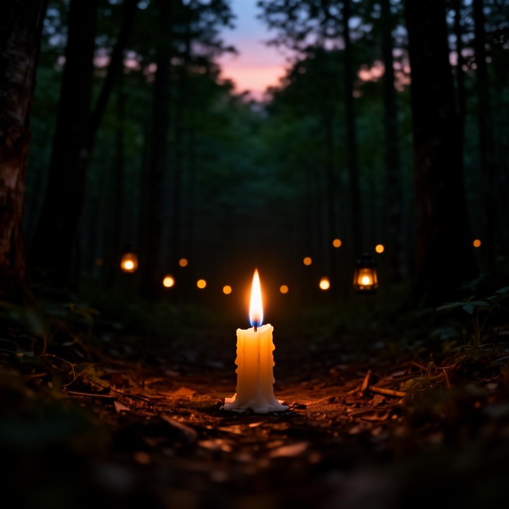A single candle alight in dark forest with scattered distant lights