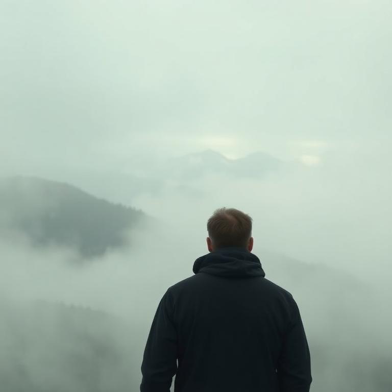 A person facing distant mountains shrouded in fog